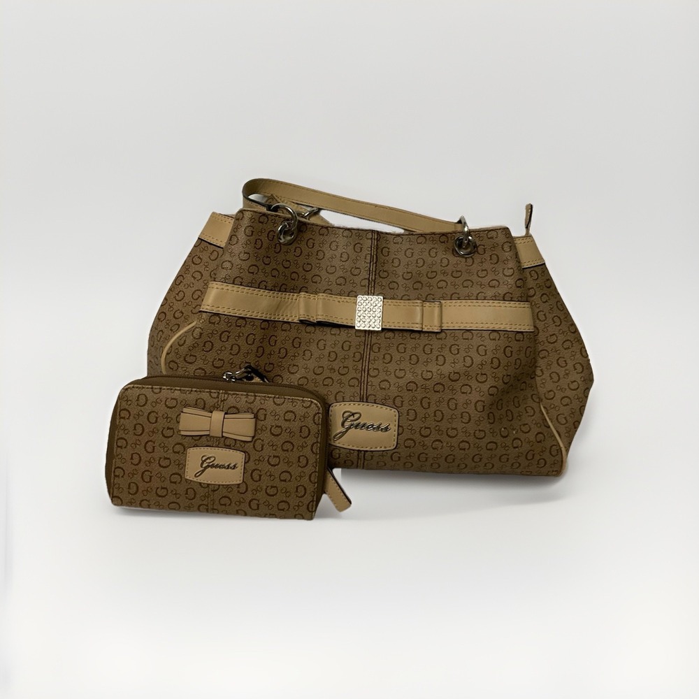 Guess Monogram Shoulder Bag + Matching Wallet Brown Logo Rhinestone Buckle‎ Y2K